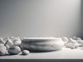 Round smooth stone podium template closeup on white background and pebble. Empty space on natural rock for mockup. Generative AI