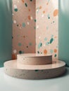 Round smooth terrazzo podium for elegant presentations. Empty space on natural rock stone for mockup template. Generative AI