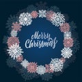 Round snow frame with Merry Christmas text.. Winter concept made of snowflakes. Circle shape. New Year, Christmas blue abstract Royalty Free Stock Photo