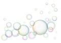 Round soap bubbles on white background.