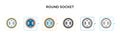 Round socket vector icon in 6 different modern styles. Black, two colored round socket icons designed in filled, outline, line and