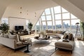 Round sofa in penthouse with city view. Interior design of moder