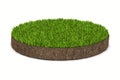 Round soil ground with green grass on white background. Isolated 3D illustration