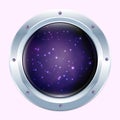 Round spaceship window with stars and dark cosmos.