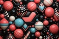 Round multicolored candies of different sizes on a black background, geometric background. Generative ai