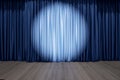 Round spotlight on blue curtain on the stage with wooden floor