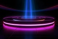 Round stage with pink blue neon light on dark background. Glowing blue neon spotlight. Empty stage laser. Catwalk fashion podium. Royalty Free Stock Photo