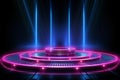 Round stage with pink blue neon light and glowing dots. Glowing blue neon lines background. Empty stage laser. Catwalk fashion Royalty Free Stock Photo