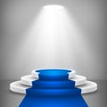 Round stage podium with light. Stage vector backdrop. Festive podium scene with blue carpet for award ceremony. Vector
