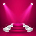 Round stage podium with light. Stage vector backdrop. Festive podium scene with red carpet for award ceremony. Vector illustration