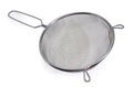 Round stainless steel sieve on a white background