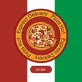 Round stamp with pizza inside against the background of the Italian flag