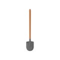 Round steel shovel with brown wooden handle for digging. Cartoon archaeologist working tool for excavations. Archeology