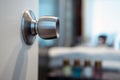 round steel stainless door handle-lock on the open white door to the bathroom. Copy space Royalty Free Stock Photo
