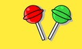 Vector illustration. Round stick candy with strawberry and apple flavour. on a yellow background.