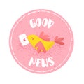 Round sticker with cute bird and love mail on pink background. Vector label Royalty Free Stock Photo