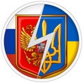 Round sticker emblems of Russia and Ukraine on the background of national flags