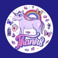 Round sticker with a unicorn and a rainbow and the inscription Thanks. Hand drawing cute design. Vector illustration