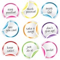 Round stickers with curled corners with positive messages Royalty Free Stock Photo