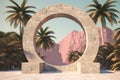 Round stone frame with palm trees and mountains in the background Royalty Free Stock Photo