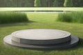 Round stone podium on green grass background. 3d render illustration.