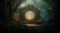 Round stone portal gate in the forest, an abandoned temple. Path made of stones in the forest, gateway in jungle Royalty Free Stock Photo