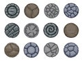 Round stones buttons. Cartoon empty round game UI elements, 2D sprite graphic frames for rating badge, achievement and