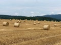 Round straw bales on a mown field with mountains in background under cloudy sky Royalty Free Stock Photo