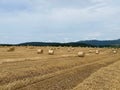 Round straw bales on a mown field with mountains in background under cloudy sky Royalty Free Stock Photo