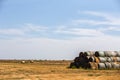 Round straw bales stacked and spotted in a pasture Royalty Free Stock Photo