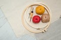 Round stretching frames, punch needles, balls of yarn and three different types of fabric layout on white wooden floor. Royalty Free Stock Photo