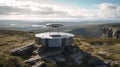 A round structure resembling a teleportation device is placed atop a steep mountain peak