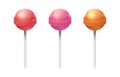 Round sweet lolly candies. Realistic lollipop set. Caramel spheres on plastic sticks. Sugary food, isolated yummy