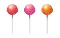 Round sweet lolly candies. Realistic lollipop set. Caramel spheres on plastic sticks. Sugary food, isolated yummy confectionery. Royalty Free Stock Photo