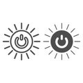 Round switch on off button with sun rays line and solid icon, energy concept, source of power vector sign on white Royalty Free Stock Photo