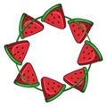 Round symmetrical frame, triangular pieces of juicy watermelon, copy space, vector cartoon Royalty Free Stock Photo