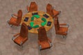 Round table with chairs around, chairs turned in the opposite direction. There is an ecological logo on the table. A symbol of