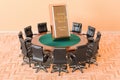 Round table with gold bar and armchairs around, 3D rendering