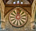 The `Round Table` hanging on the wall in the Great Hall of Winchester Castle, England
