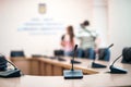 Round table microphone. Shallow depth of field