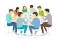 Round table talks brainstorm. Team business people meeting conference eight people. White background stock illustration