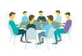 Round table talks brainstorm. Team business people meeting conference seven people. White background stock illustration