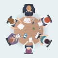 Round table top view. Business people sitting meeting corporate workspace brainstorming working team vector illustration