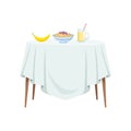 Round table with white tablecloth and food for breakfast vector Illustration on a white background Royalty Free Stock Photo