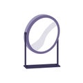 Round tabletop mirror on metal stand. Circle frame, desktop reflection accessory, cosmetic object for beauty, grooming, makeup Royalty Free Stock Photo