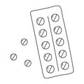 Round tablets or pills with divider in blister package, flat vector outline for coloring book