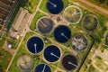 Round tanks for wastewater filtration in sewage treatment plants, aerial view