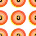 Round target with wolf track. Memphis festive ogange circle or button on white background. Geometric psychedelic background. Royalty Free Stock Photo