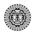 Round tattoo ornament with sun face maori style. African, aztecs or mayan ethnic mask.