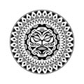 Round tattoo ornament with sun face maori style. African, aztecs or mayan ethnic mask.